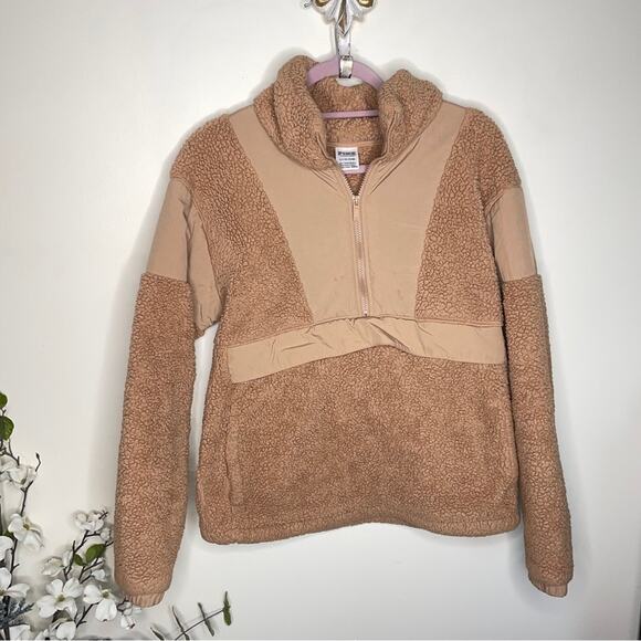 PINK Victoria’s Secret Half Zip Plush Sherpa Teddy Pullover Camel Tan Sz S - Picture 2 of 5